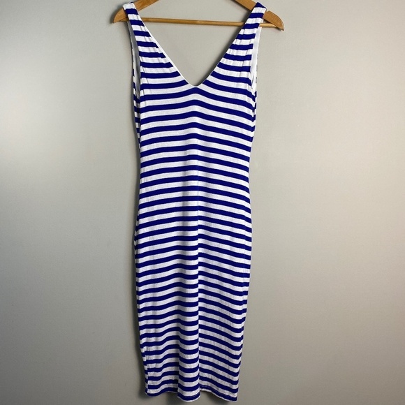 B-SHARP Womens Sleeveless Blue + White Stipe Midi Stretch Lined Dress Size Large - Picture 1 of 13